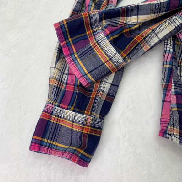 Merona Womens Large Pink Blue Orange Plaid Long Sleeve Cotton Button Up Shirt - Picture 6 of 9